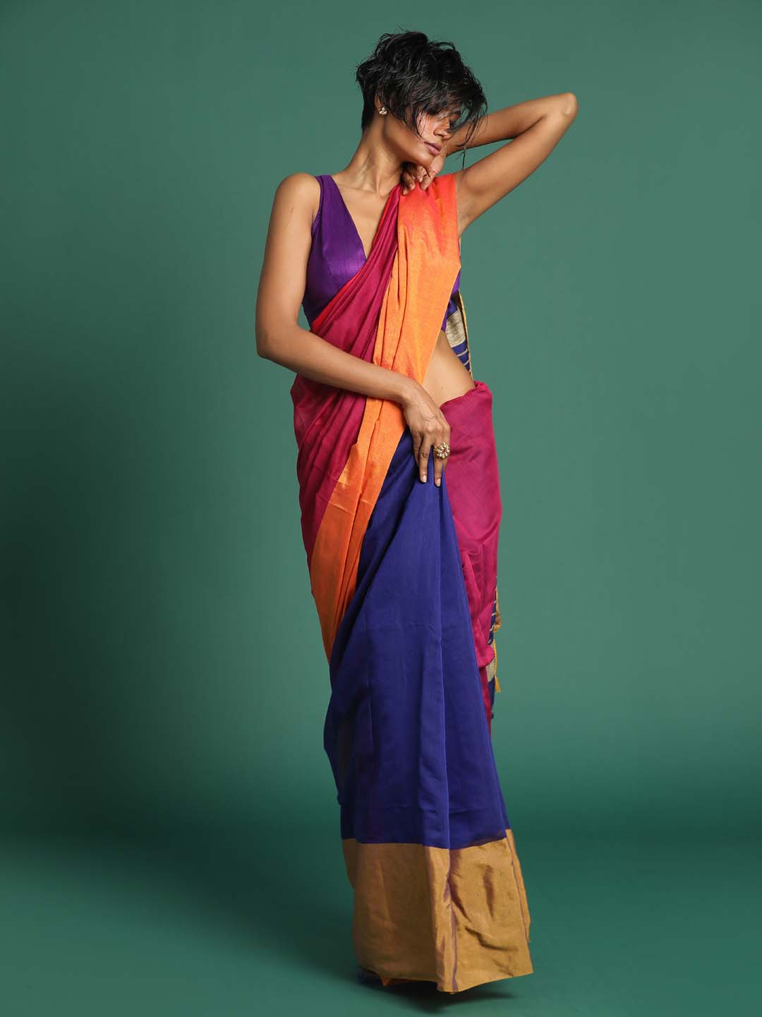 Indethnic Blue and Magenta Solid Colour Blocked Saree - View 1