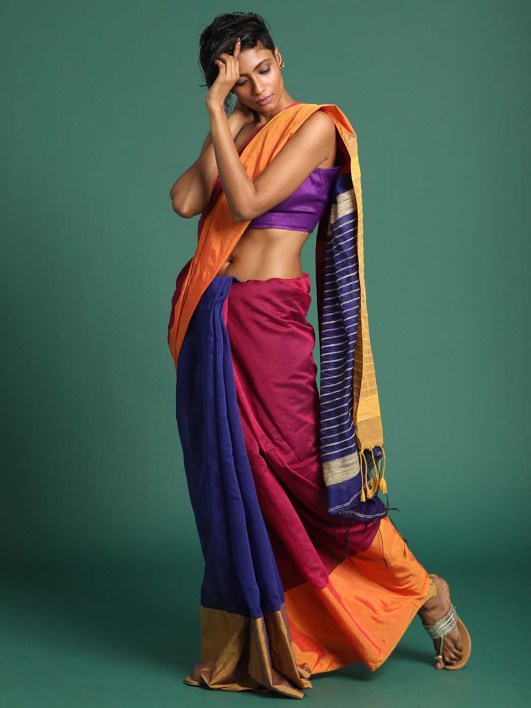 Indethnic Blue and Magenta Solid Colour Blocked Saree - View 3