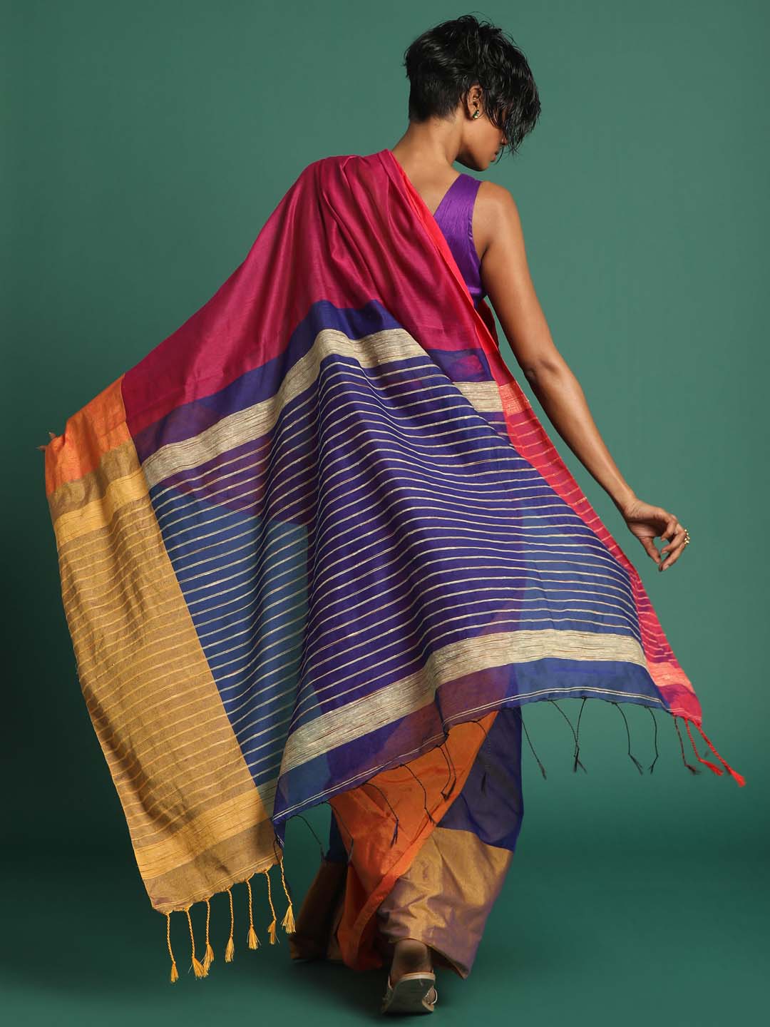 Indethnic Blue and Magenta Solid Colour Blocked Saree - View 3