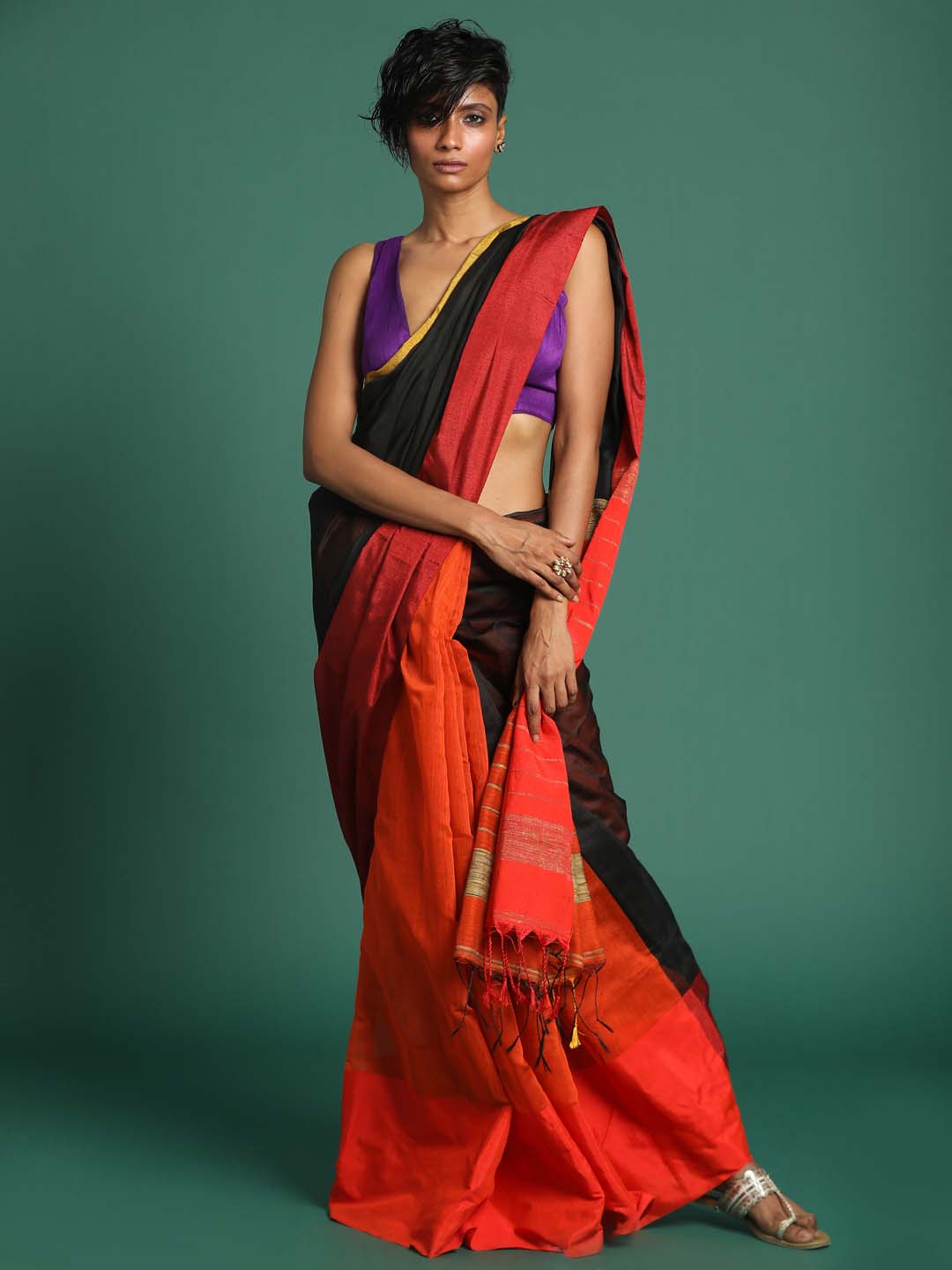 Indethnic Orange and Black Solid Colour Blocked Saree - View 1