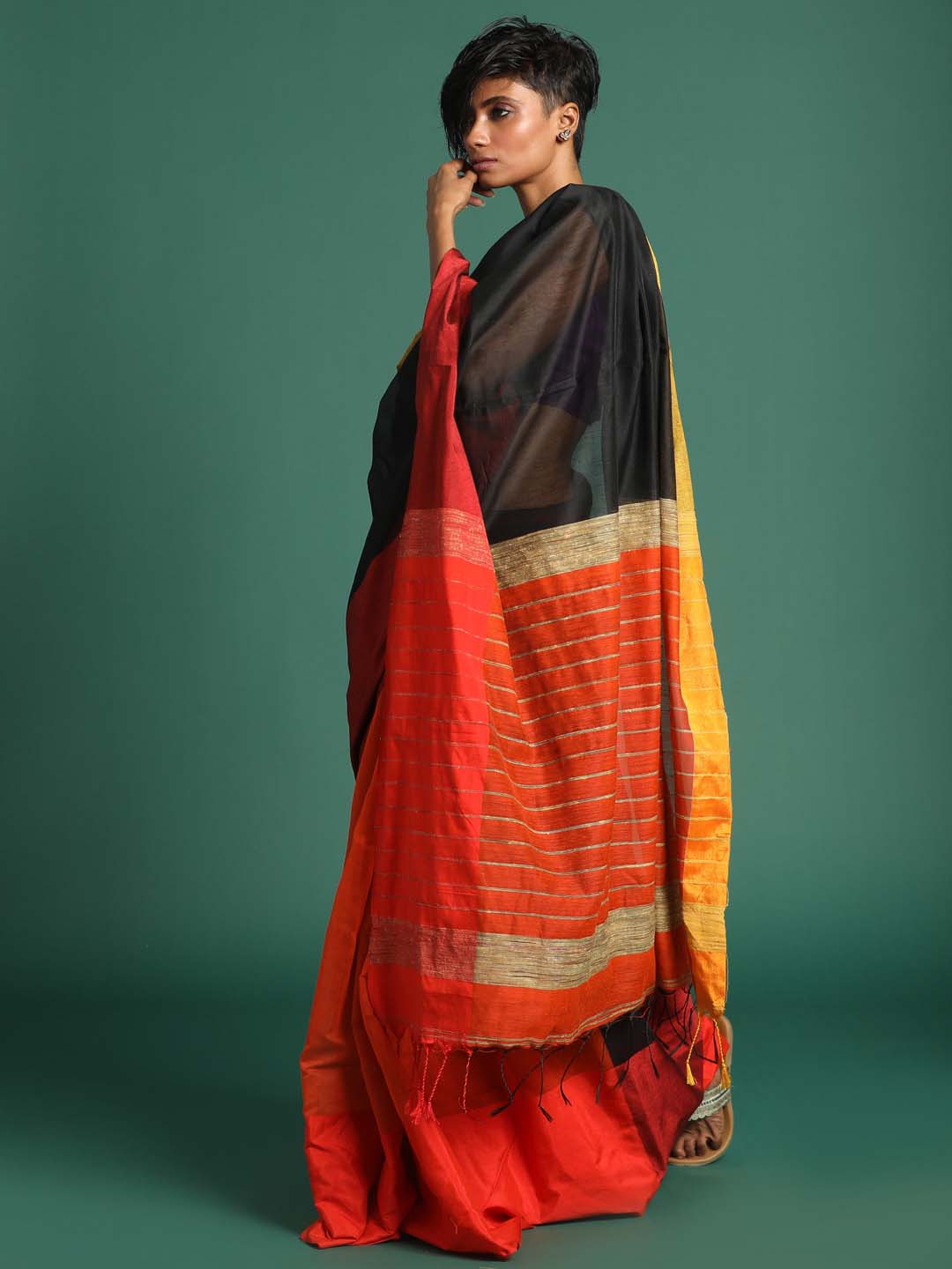 Indethnic Orange and Black Solid Colour Blocked Saree - View 3