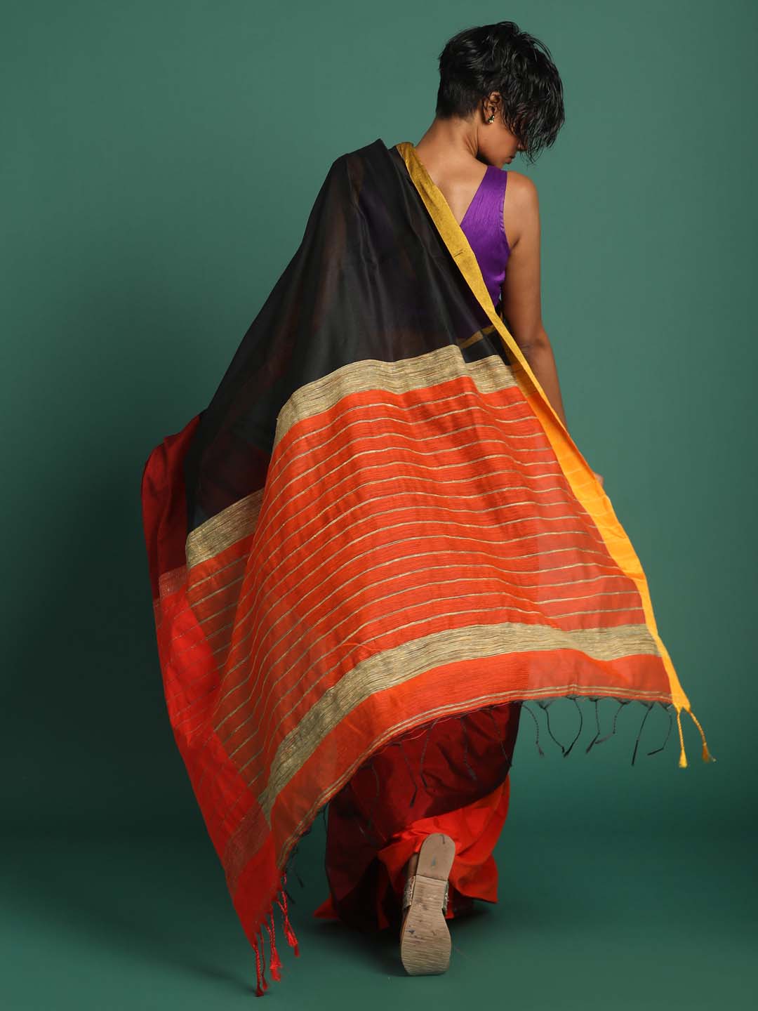 Indethnic Orange and Black Solid Colour Blocked Saree - View 3