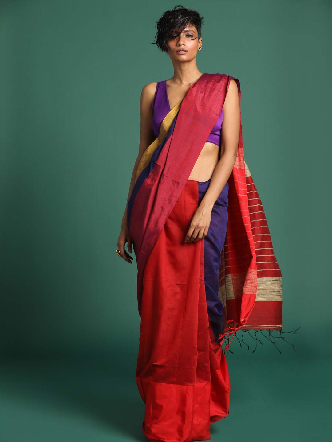 Indethnic Red and Blue Solid Colour Blocked Saree - View 1