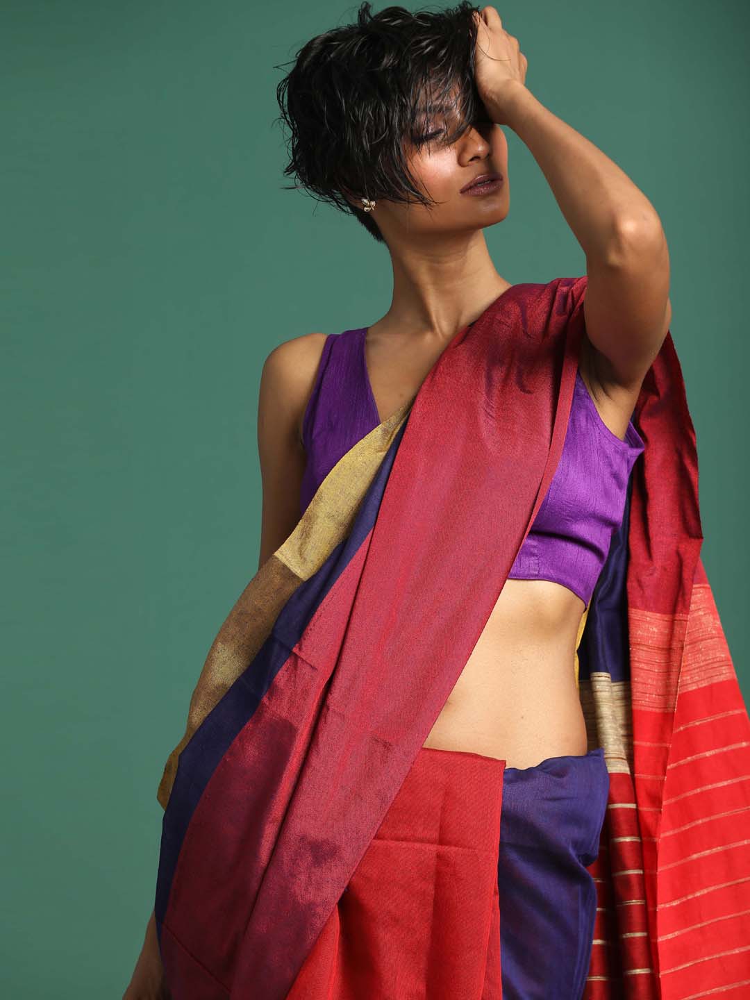 Indethnic Red and Blue Solid Colour Blocked Saree - View 2
