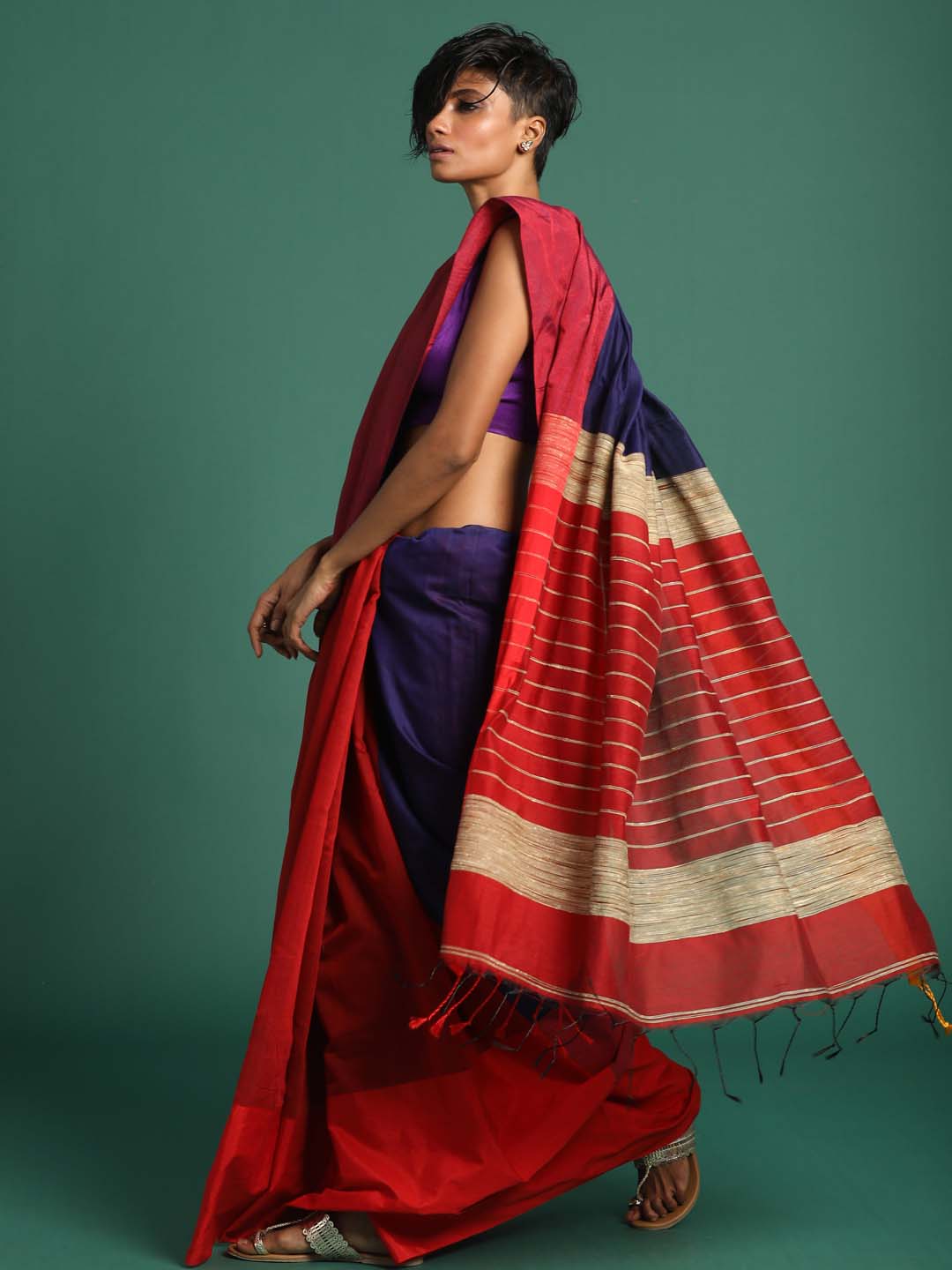 Indethnic Red and Blue Solid Colour Blocked Saree - View 3