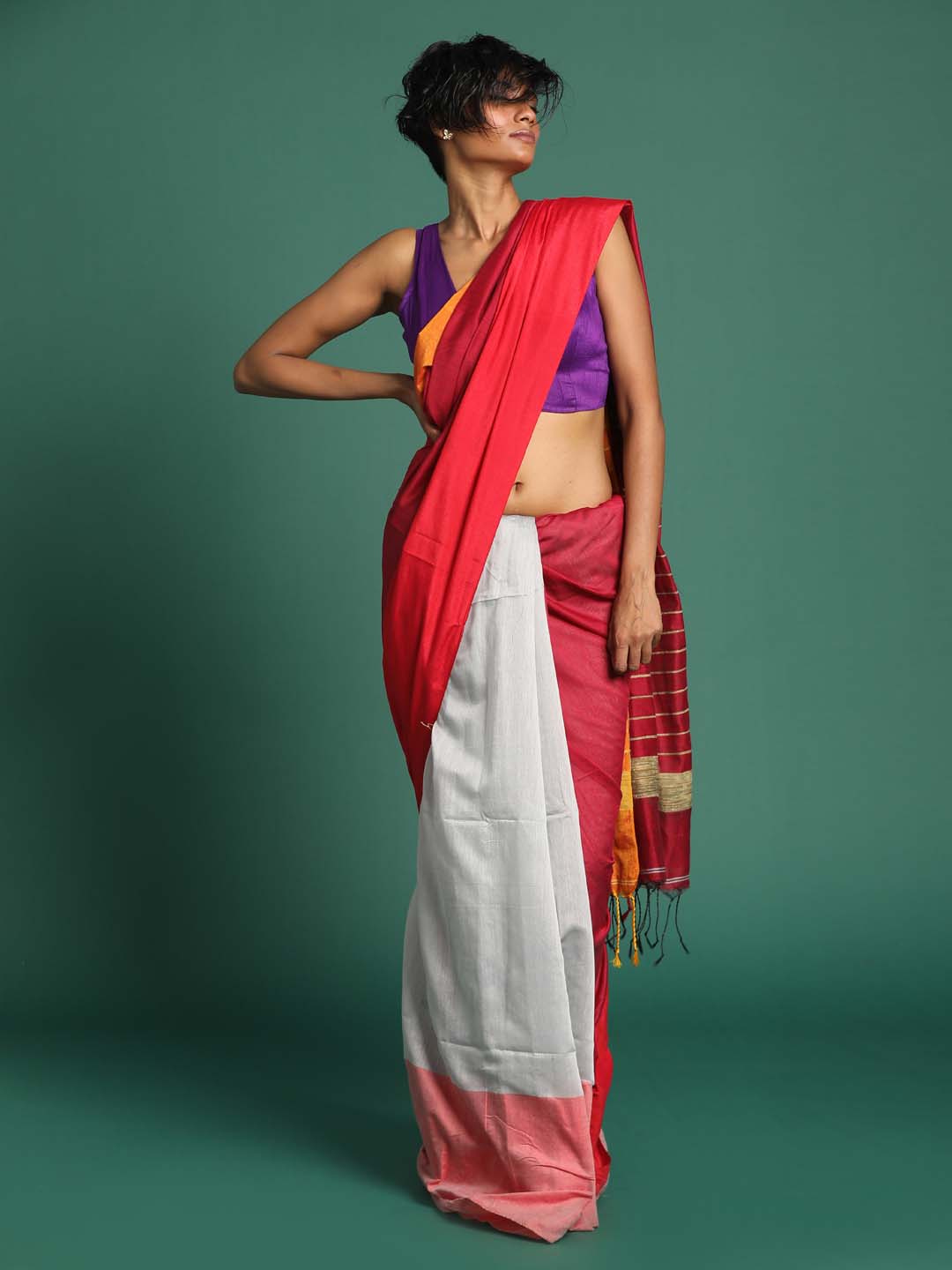 Indethnic Magenta and Grey Solid Colour Blocked Saree - View 1