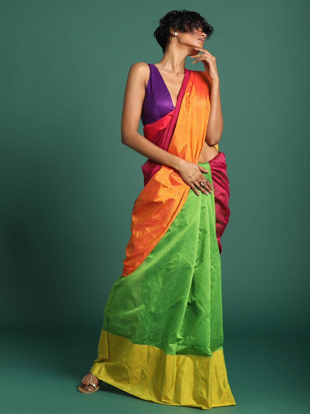 Indethnic Magenta and Green Solid Colour Blocked Saree - View 1