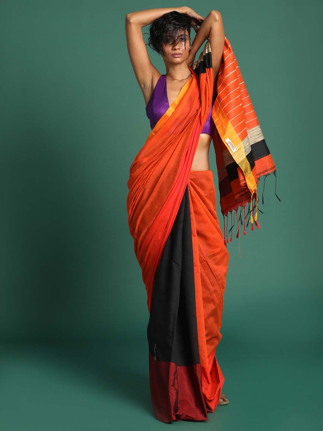 Red Orange and Black Sambalpuri Cotton Saree – Aabhaari