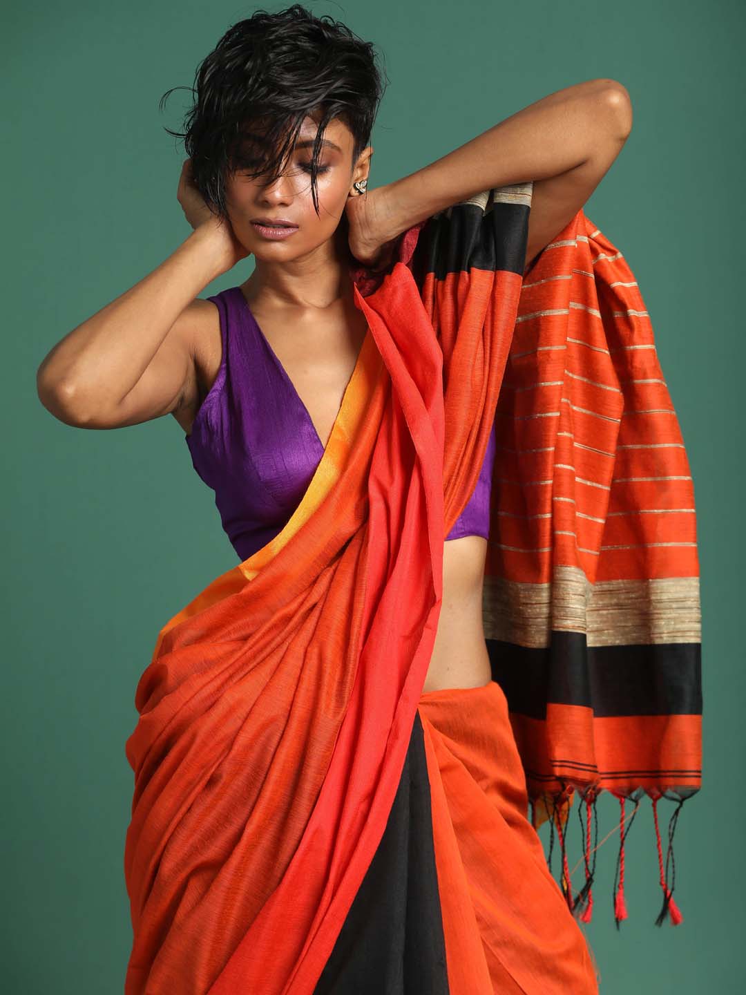 Indethnic Black and Orange Solid Colour Blocked Saree - View 2