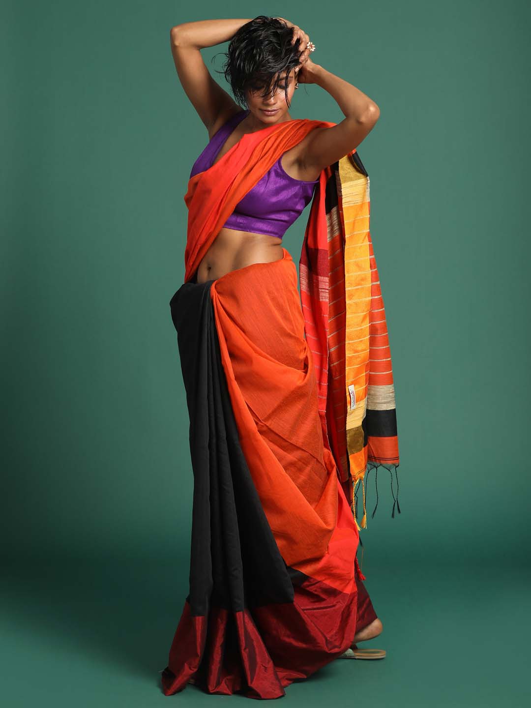 Indethnic Black and Orange Solid Colour Blocked Saree - View 3