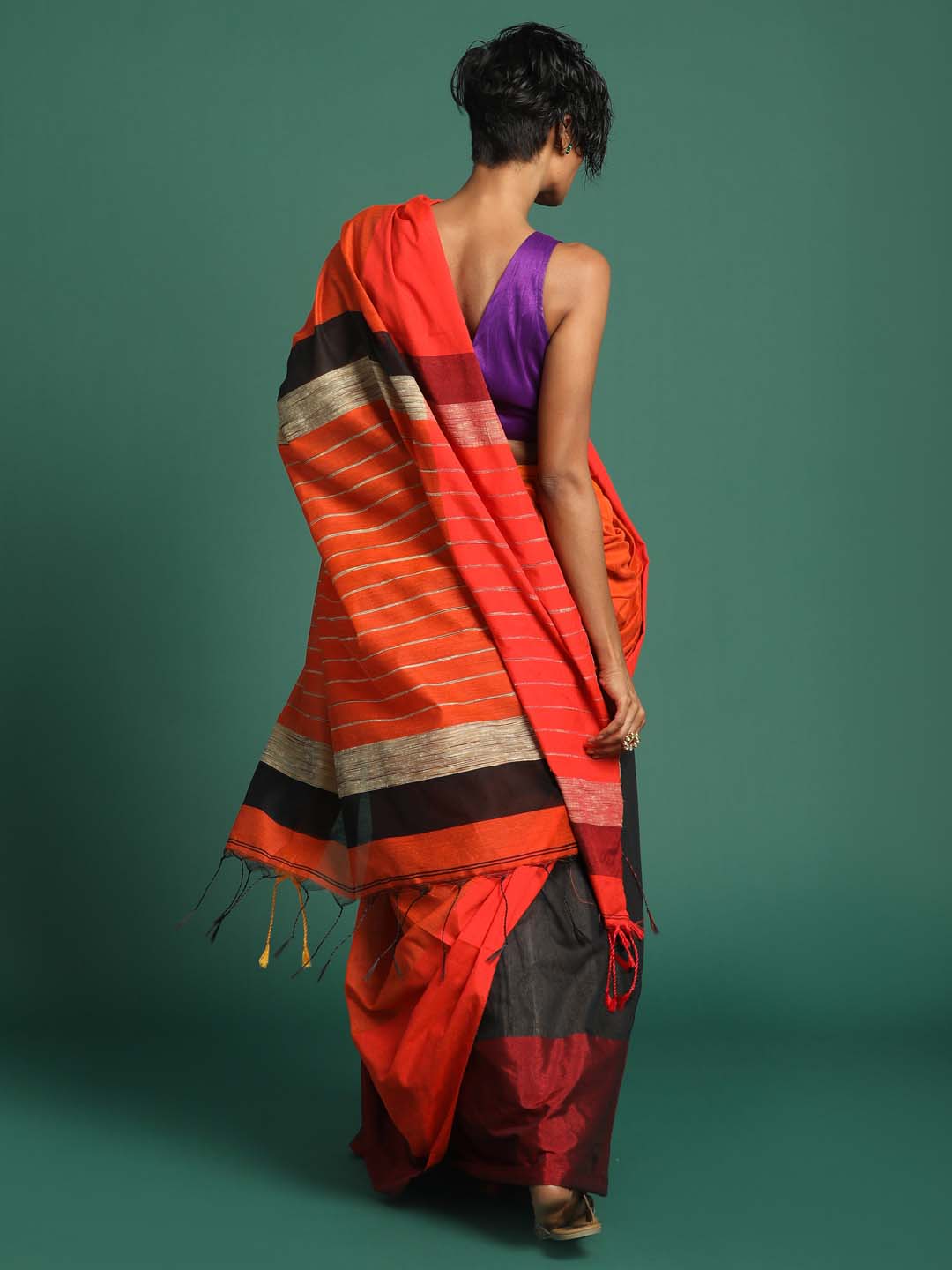 Indethnic Black and Orange Solid Colour Blocked Saree - View 3