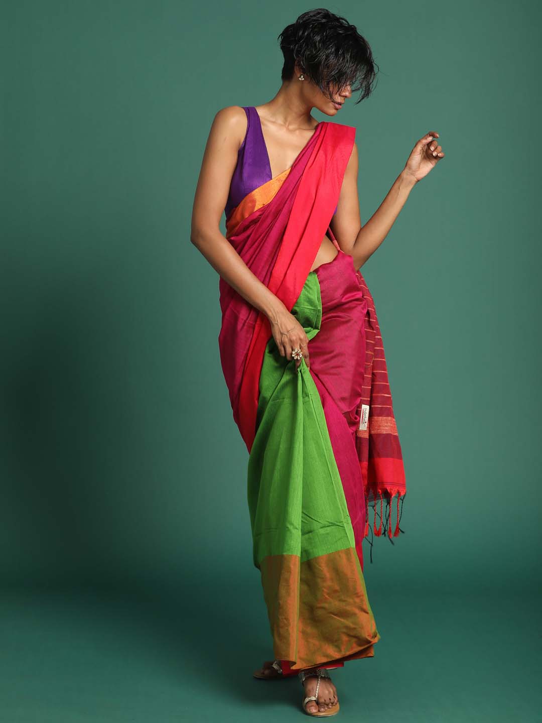 Indethnic Blue Magenta Green Solid Colour Blocked Saree - View 1