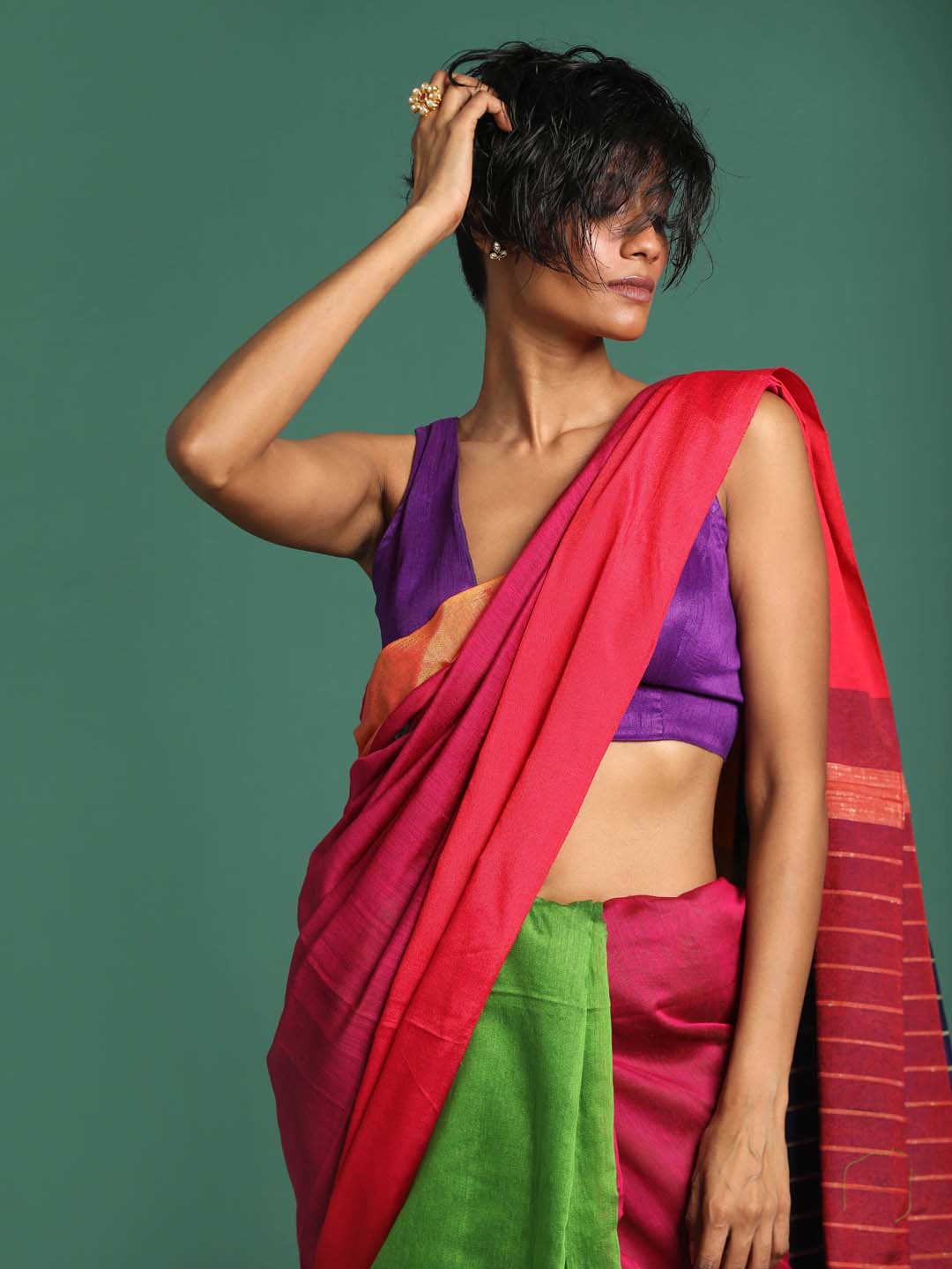 Indethnic Blue Magenta Green Solid Colour Blocked Saree - View 2