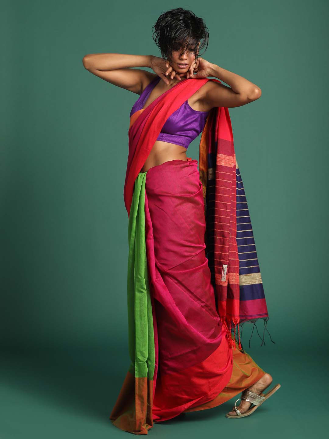 Indethnic Blue Magenta Green Solid Colour Blocked Saree - View 3