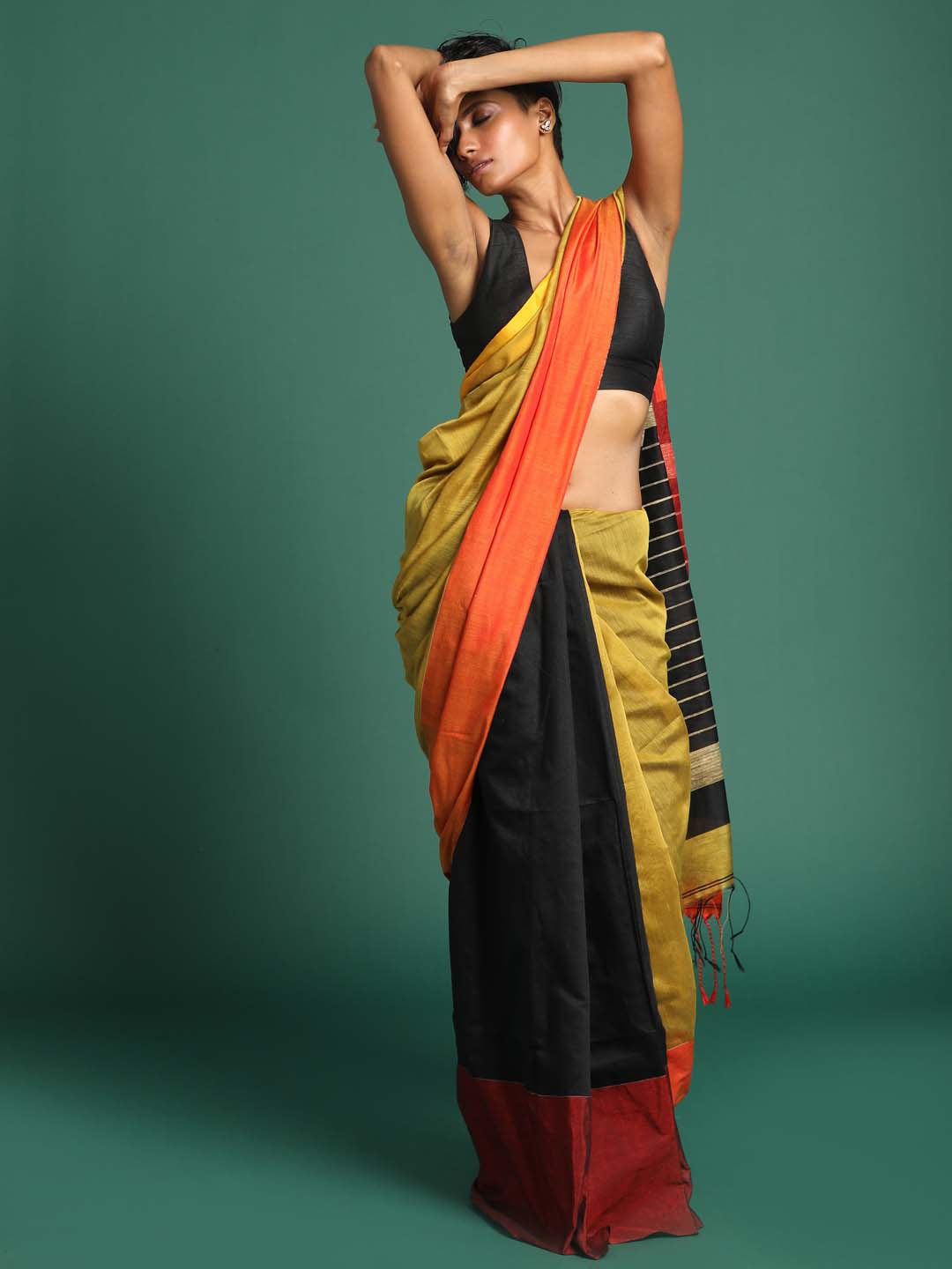 Indethnic Black and Khaki Solid Colour Blocked Saree - View 1