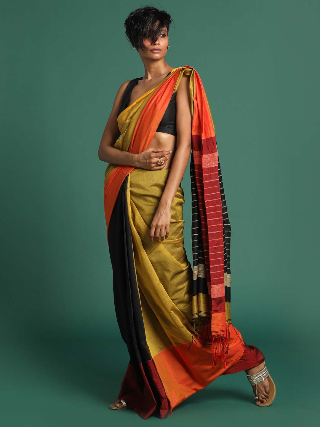 Indethnic Black and Khaki Solid Colour Blocked Saree - View 3
