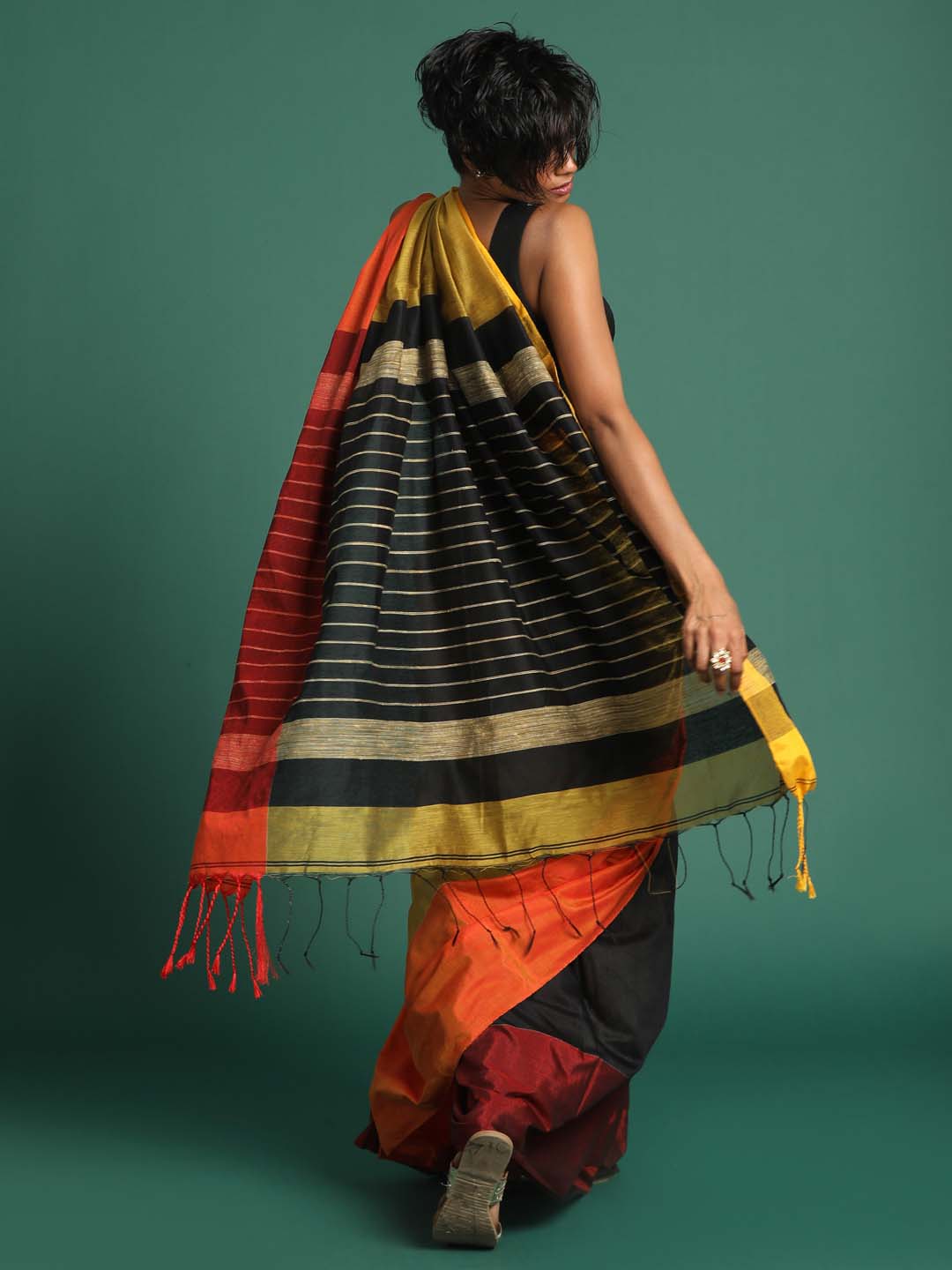 Indethnic Black and Khaki Solid Colour Blocked Saree - View 3