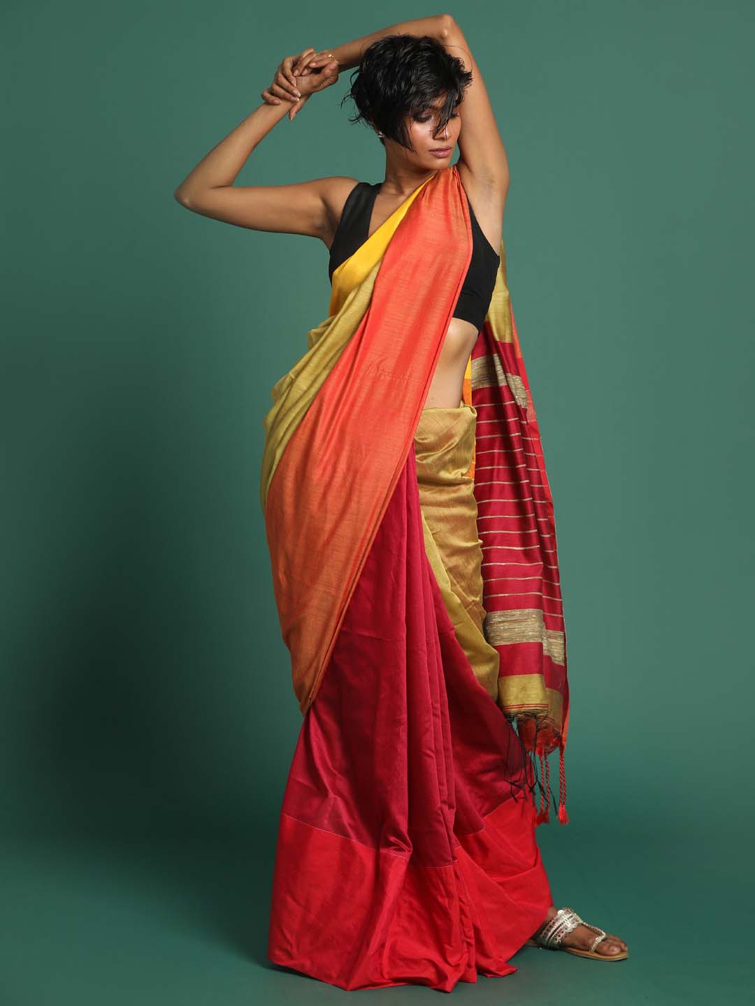 Indethnic Magenta and Beige Solid Colour Blocked Saree - View 1