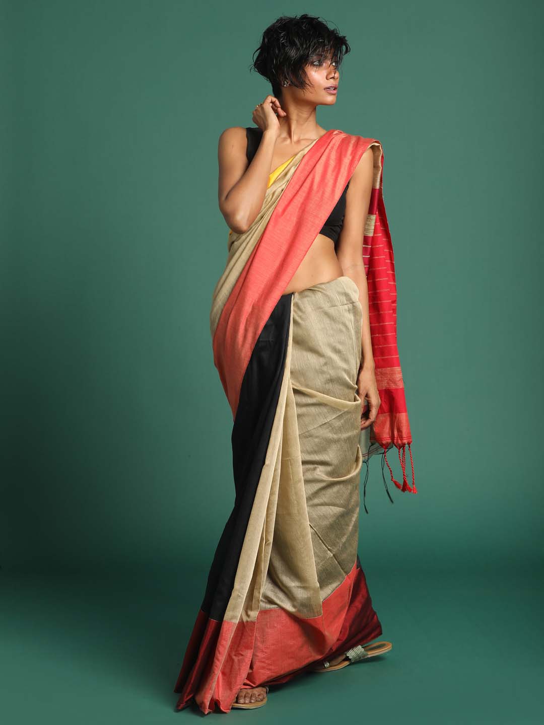 Indethnic Beige and Black Solid Colour Blocked Saree - View 3