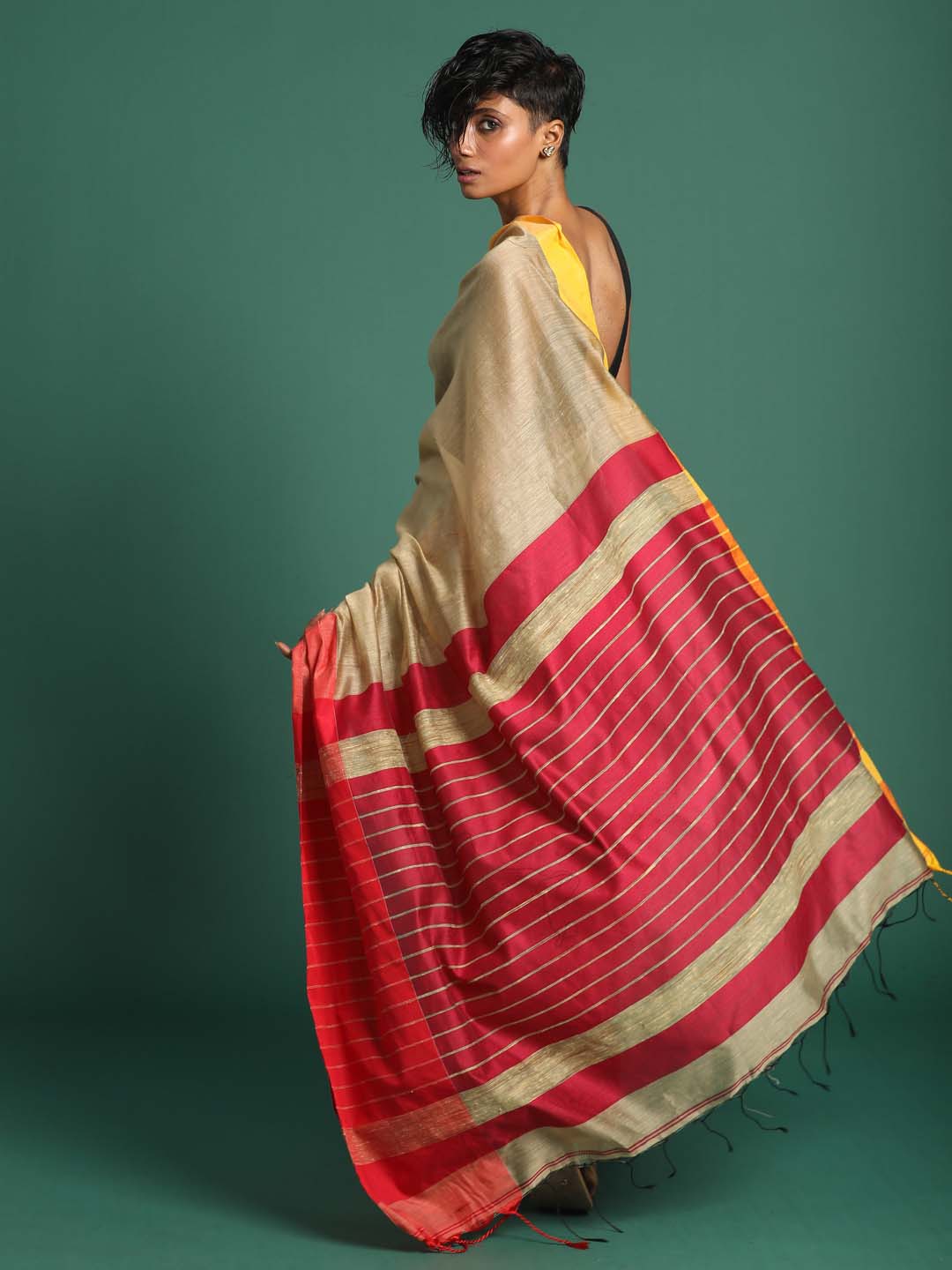 Indethnic Beige and Black Solid Colour Blocked Saree - View 3