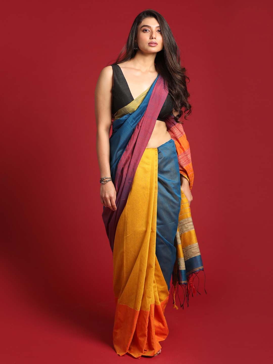 Indethnic Yellow and Blue Solid Colour Blocked Saree - View 1