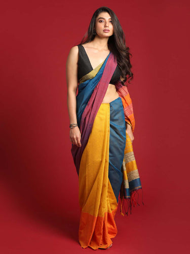 Yellow and Blue Solid Colour Blocked Saree