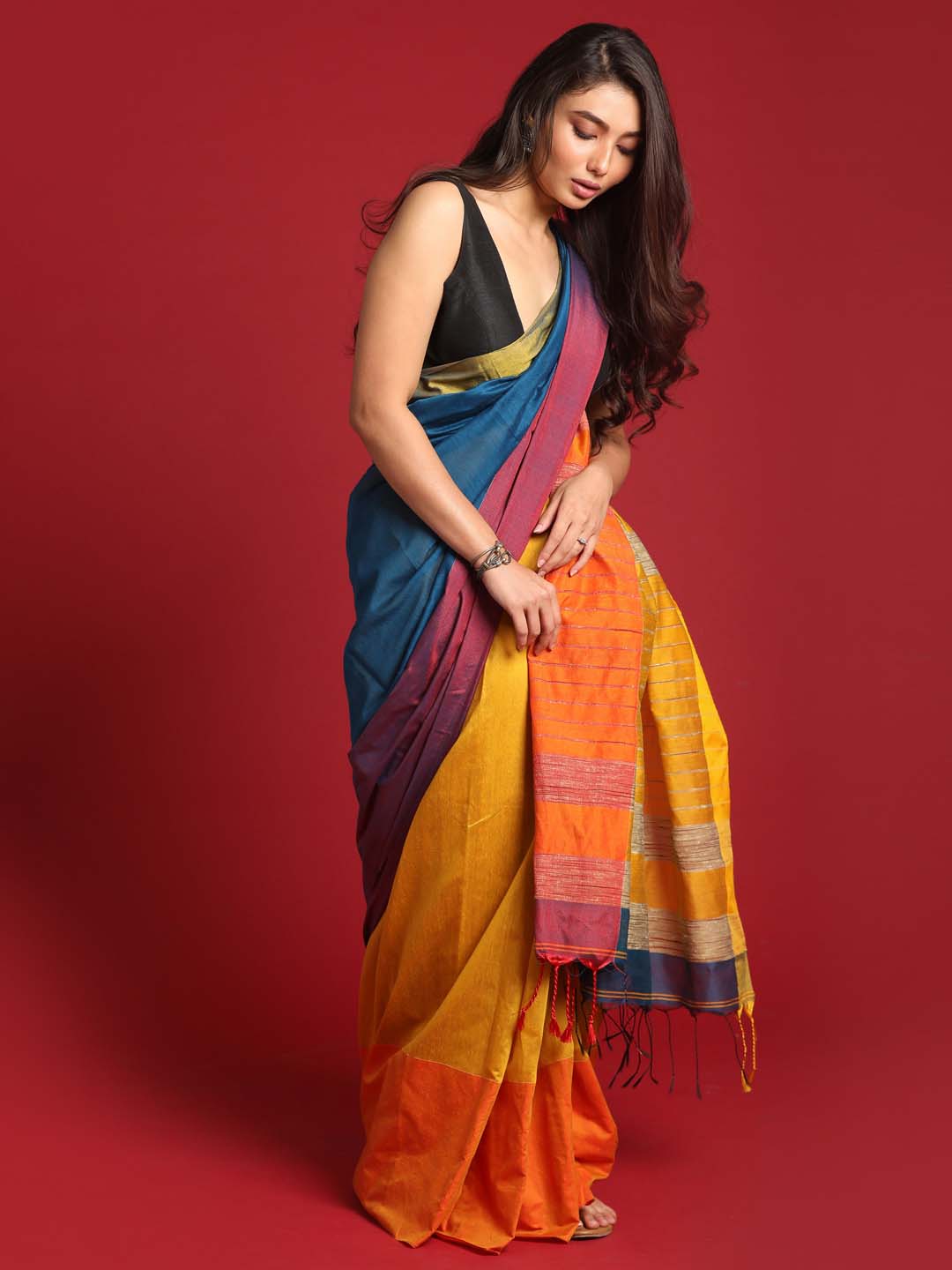 Indethnic Yellow and Blue Solid Colour Blocked Saree - View 2