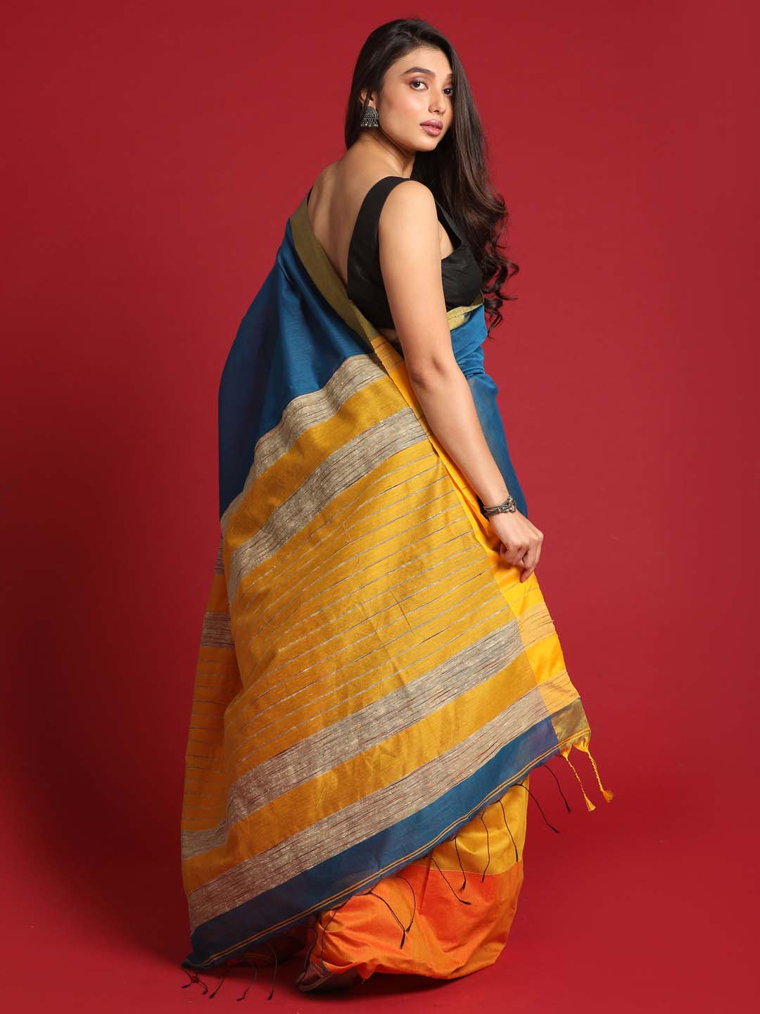 Indethnic Yellow and Blue Solid Colour Blocked Saree - View 3