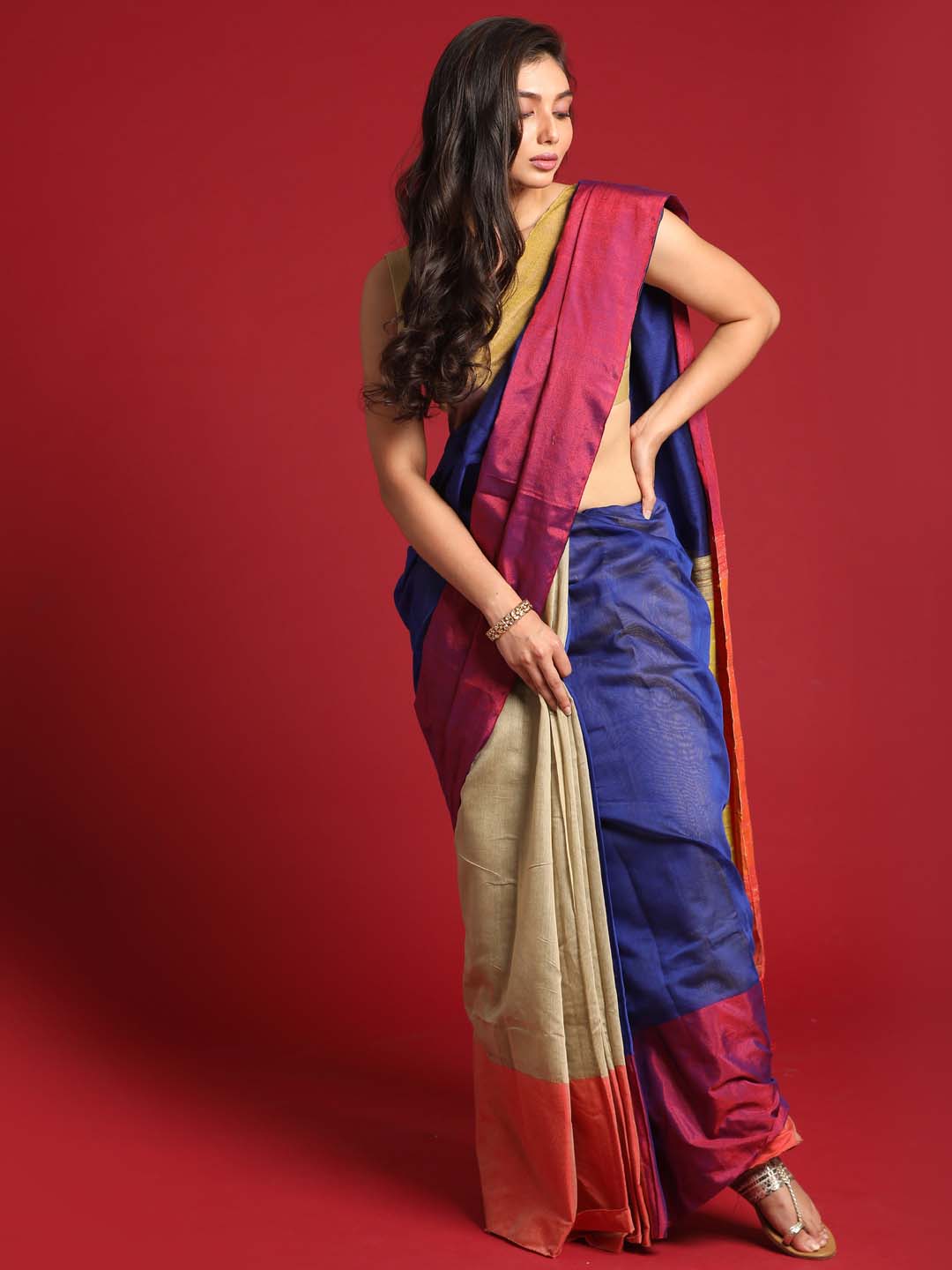 Indethnic Blue and Beige Solid Colour Blocked Saree - View 1