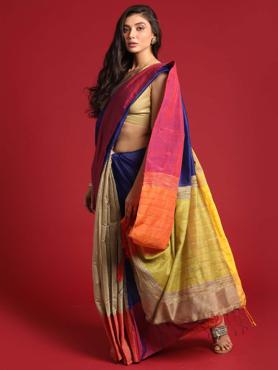 Indethnic Blue and Beige Solid Colour Blocked Saree - View 2