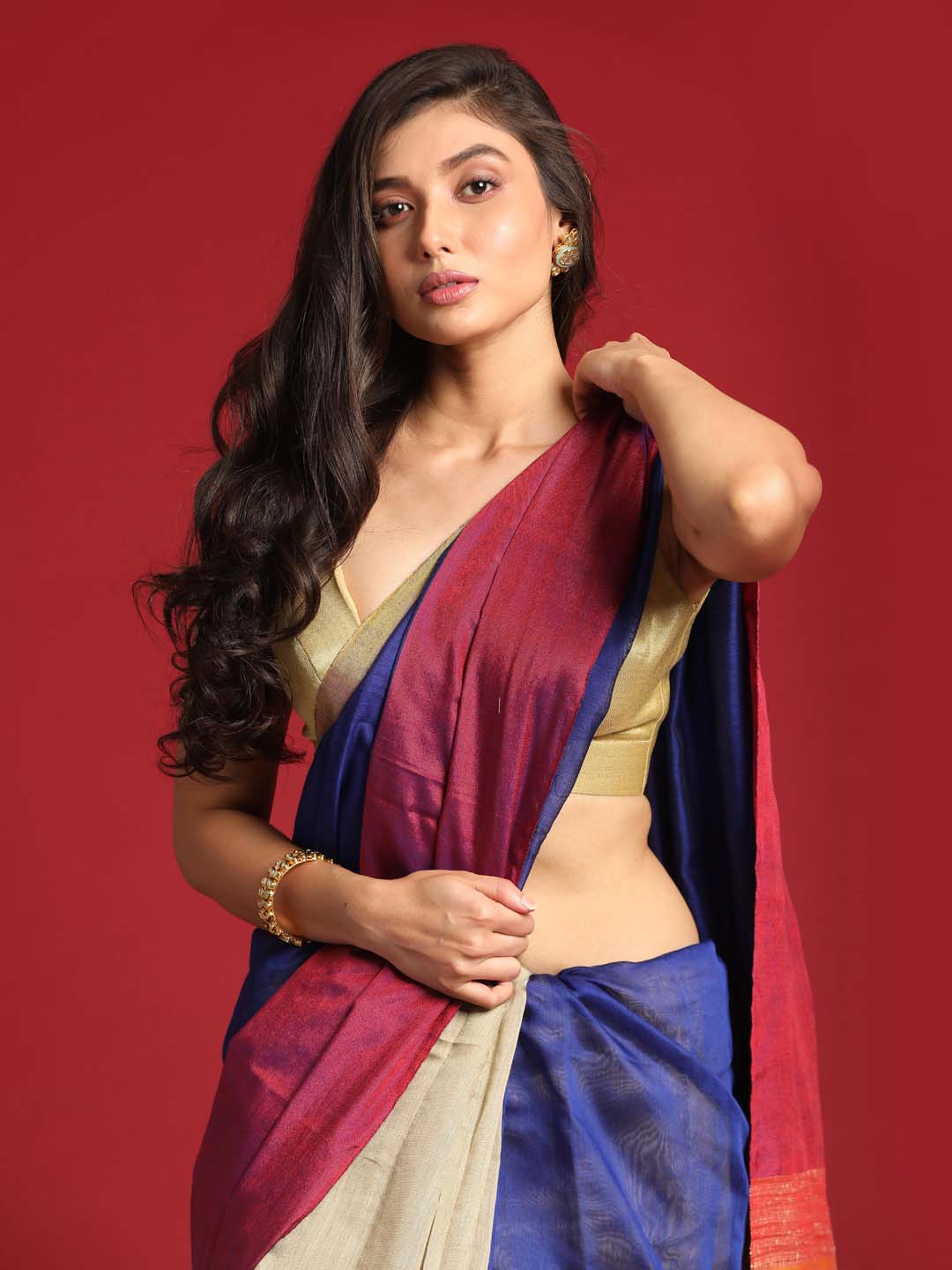 Indethnic Blue and Beige Solid Colour Blocked Saree - View 3