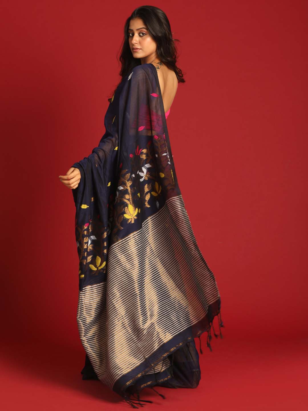 Indethnic Navy Blue Cotton Blend Ethnic Motifs Design Jamdani - View 3