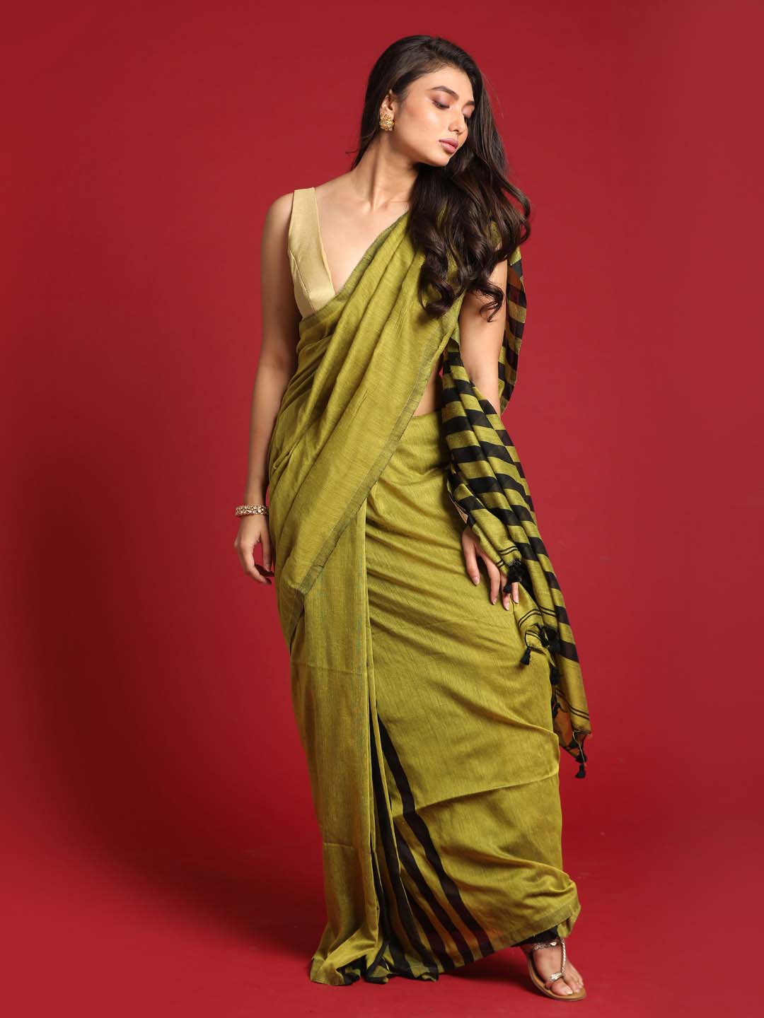 Indethnic Olive saree with Black Striped Pleats and Pallu - View 1