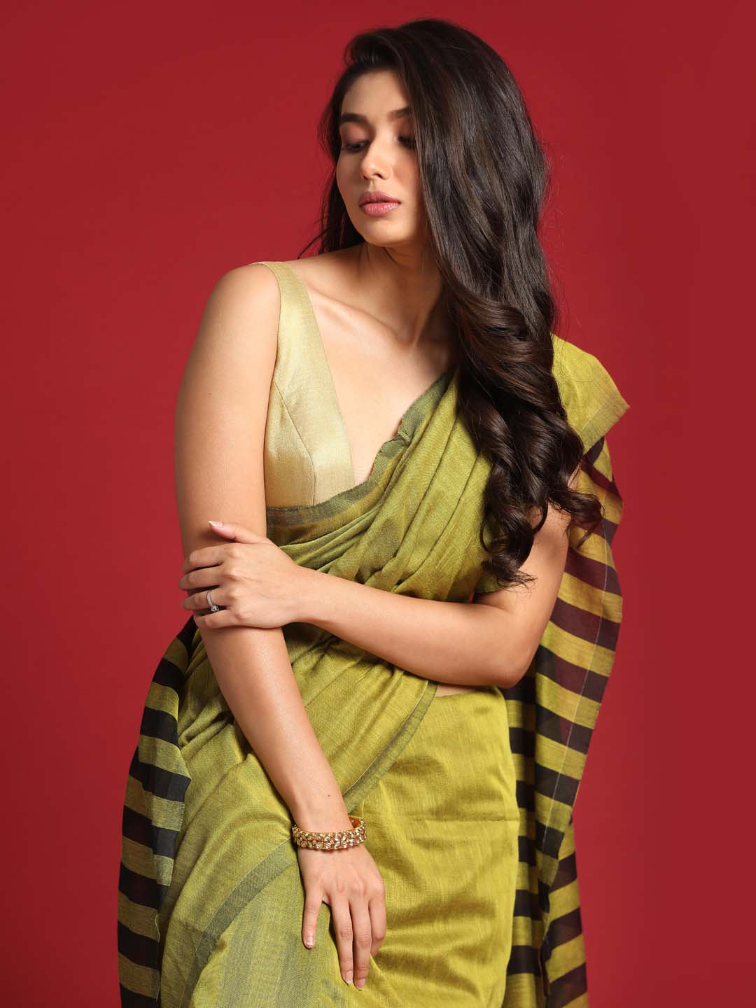 Indethnic Olive saree with Black Striped Pleats and Pallu - View 3