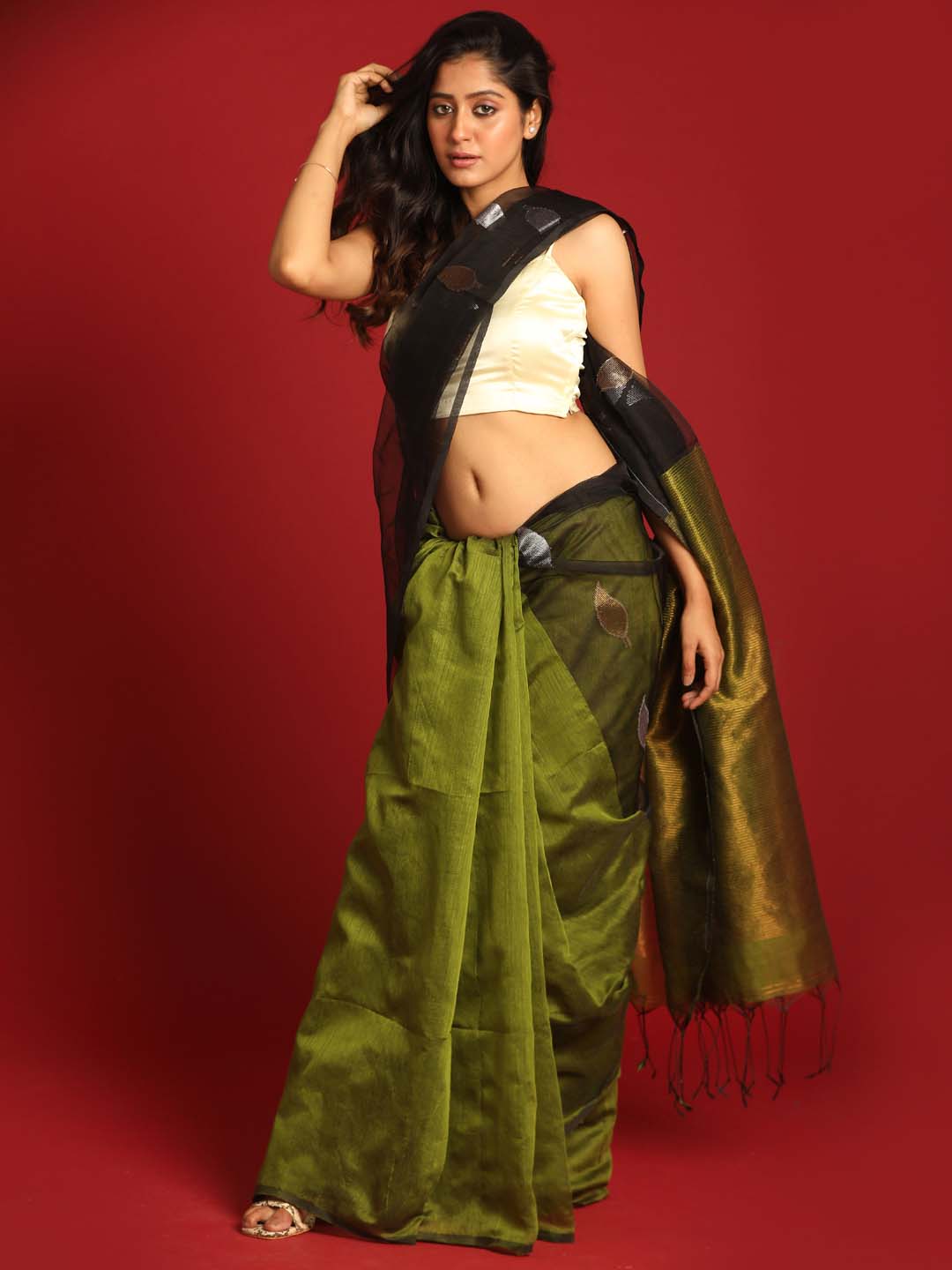 Indethnic Black and Olive Half and Half Tissue Pallu Saree - View 2