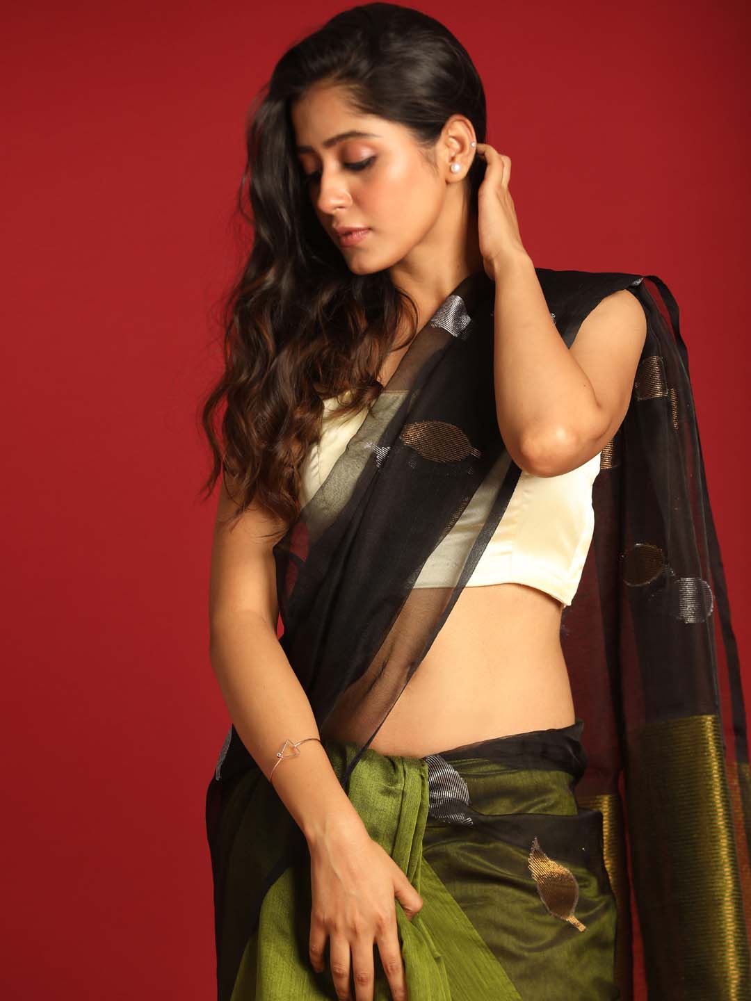 Indethnic Black and Olive Half and Half Tissue Pallu Saree - View 3