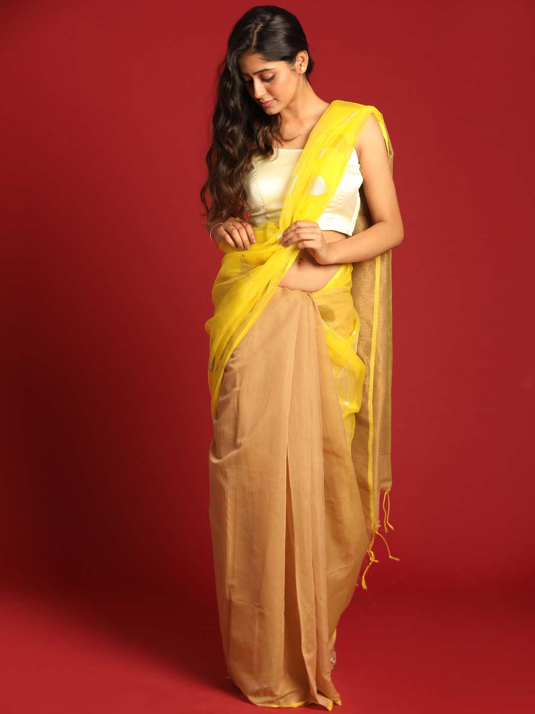 Indethnic Yellow and Beige Half and Half Tissue Pallu Saree - View 1