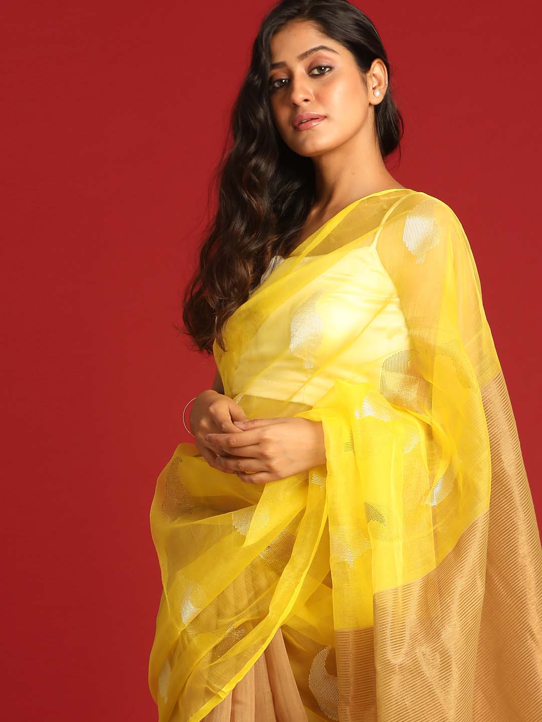 Indethnic Yellow and Beige Half and Half Tissue Pallu Saree - View 1