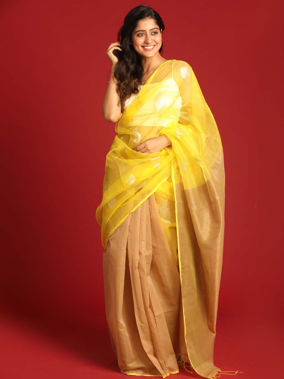 Indethnic Yellow and Beige Half and Half Tissue Pallu Saree - View 3