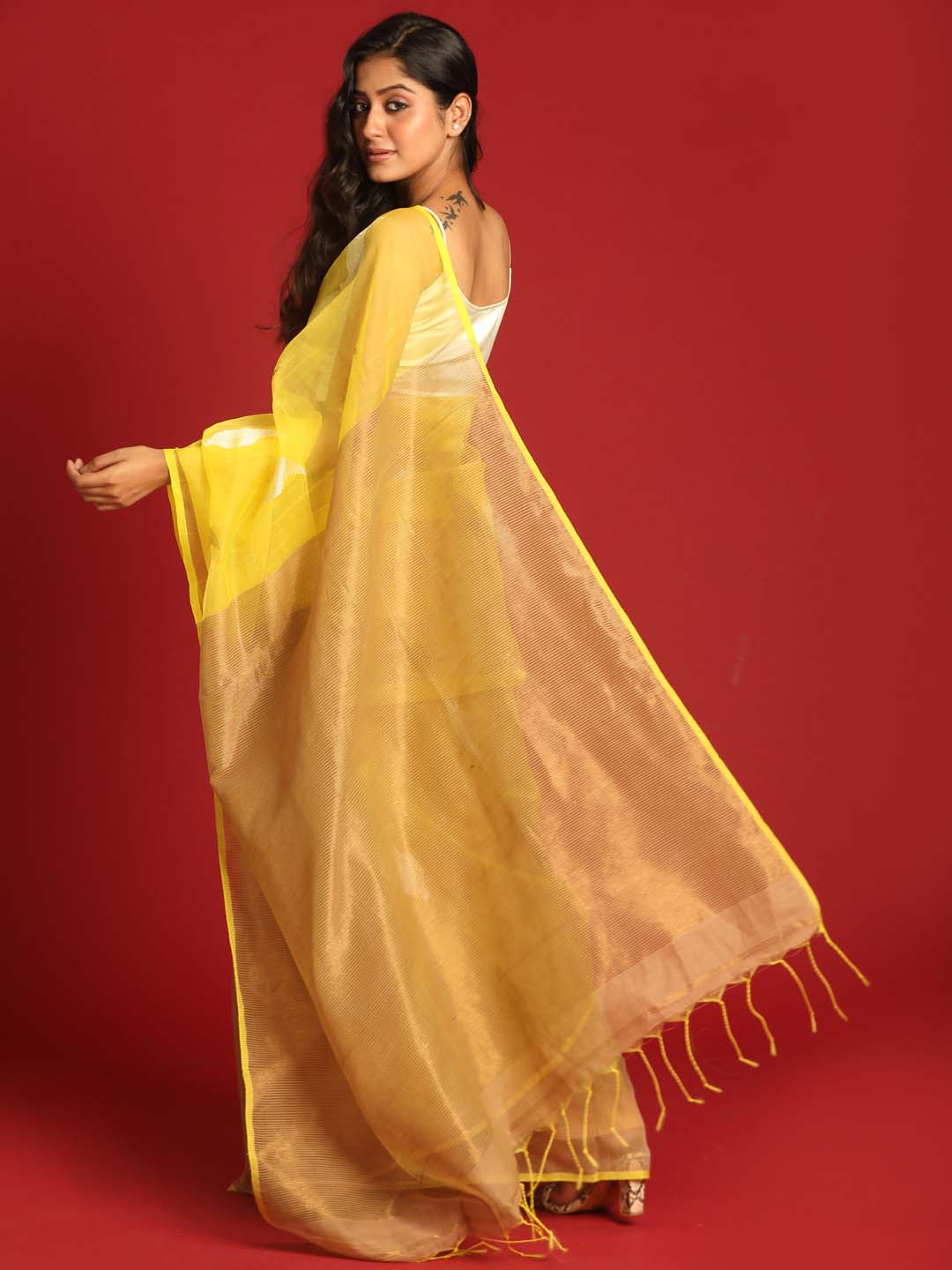 Indethnic Yellow and Beige Half and Half Tissue Pallu Saree - View 3
