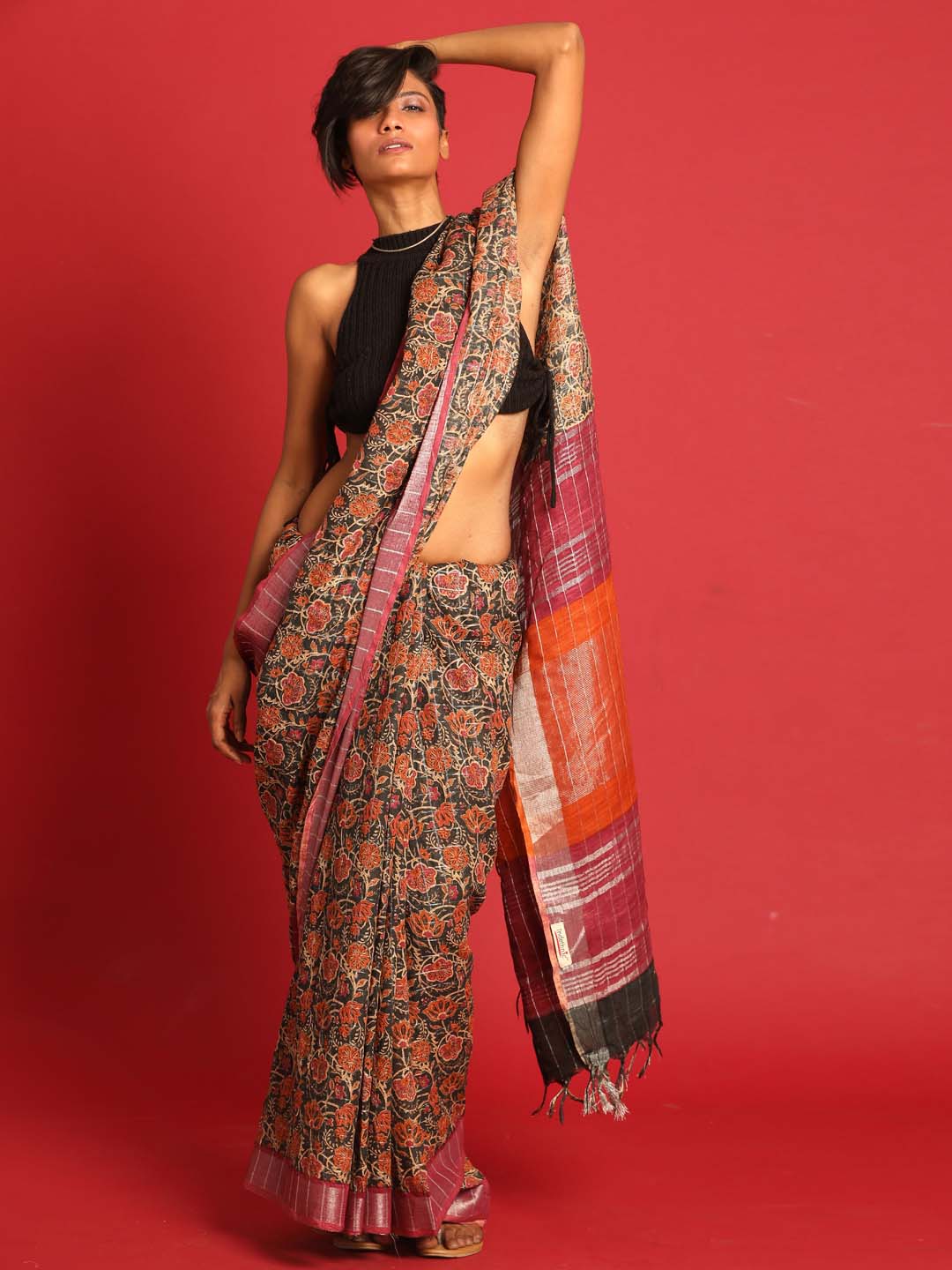 Indethnic Black Liva Printed Saree - View 1