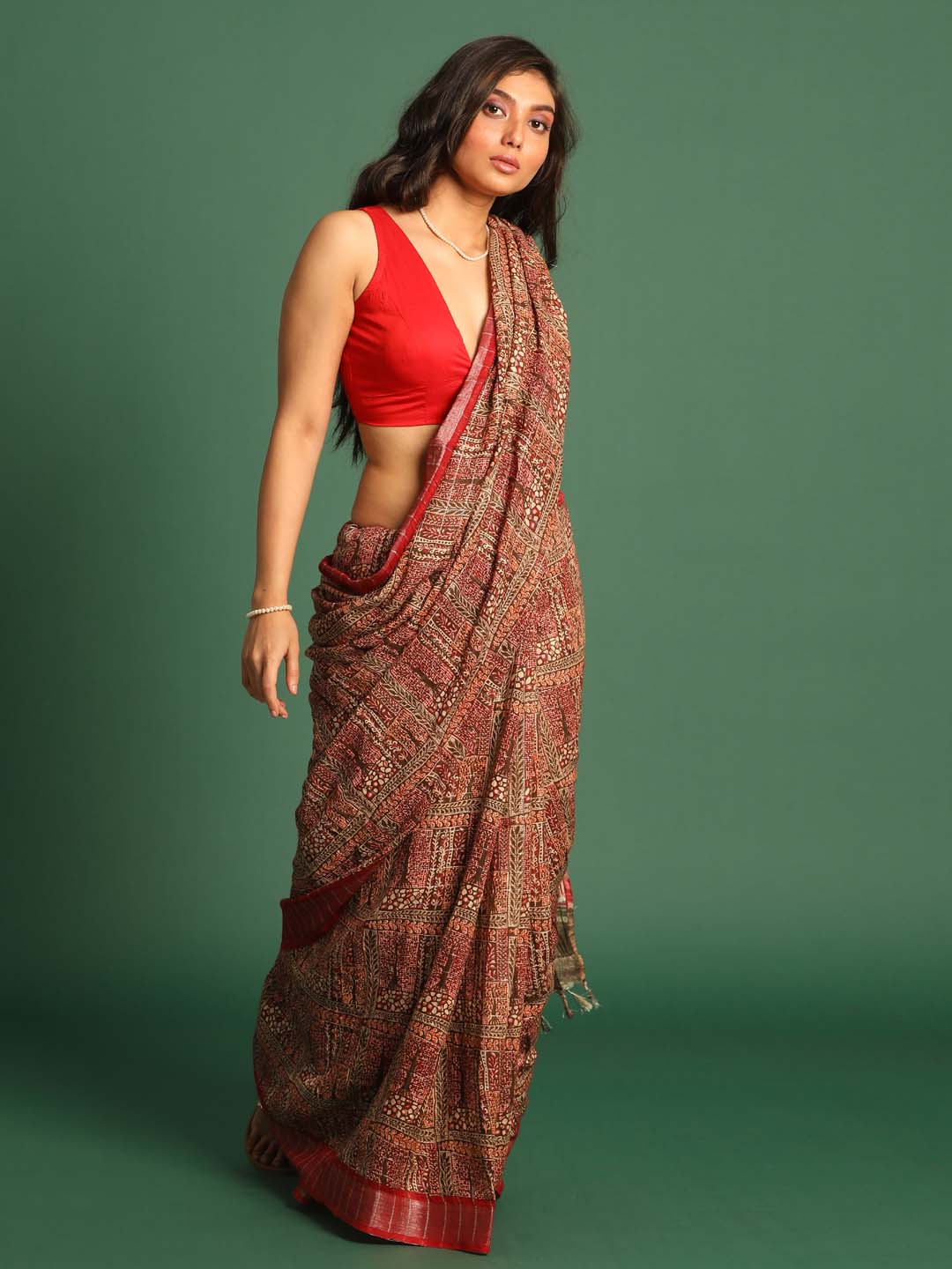 Indethnic Red Liva Printed Saree - View 1