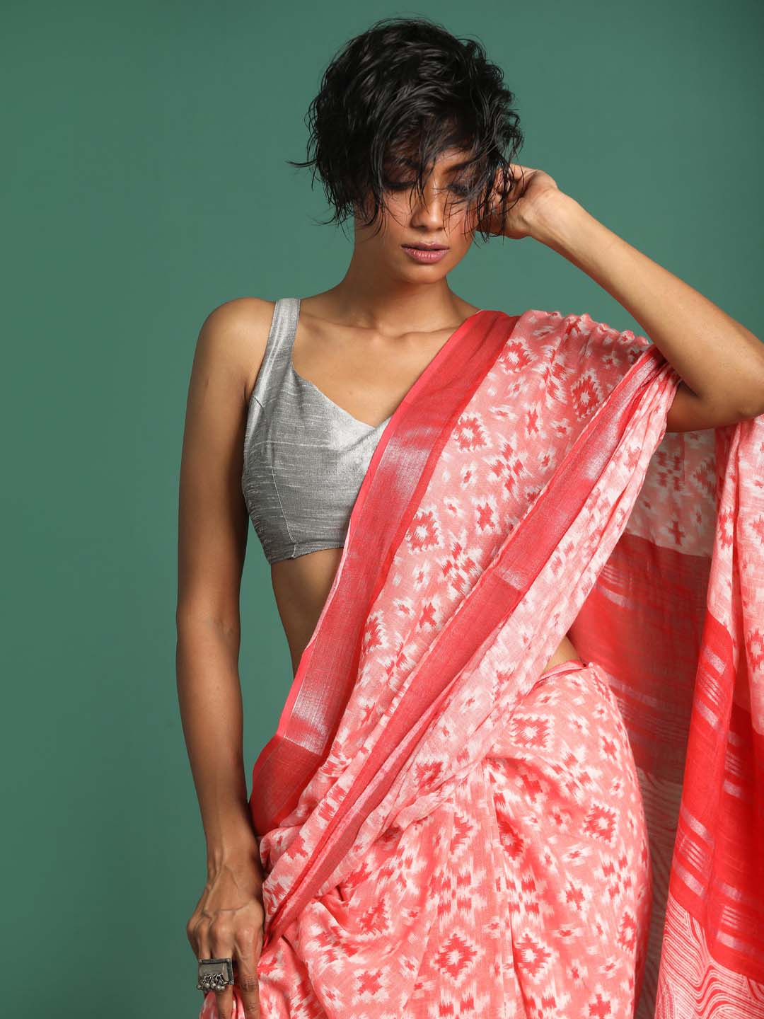 Indethnic Red Liva Printed Saree - View 1