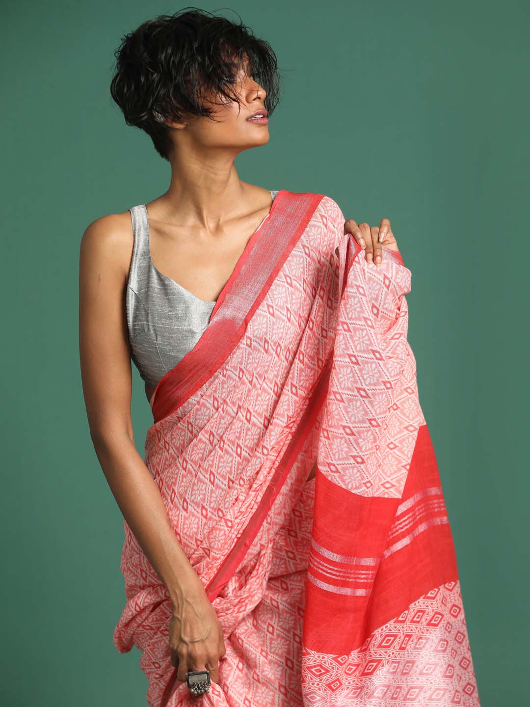 Indethnic Red Liva Printed Saree - View 1