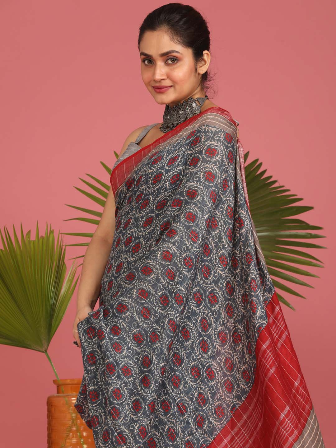 Indethnic Blue Liva Printed Saree - View 1