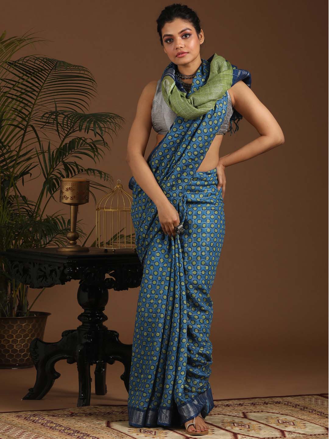 Indethnic Blue Liva Printed Saree - View 2