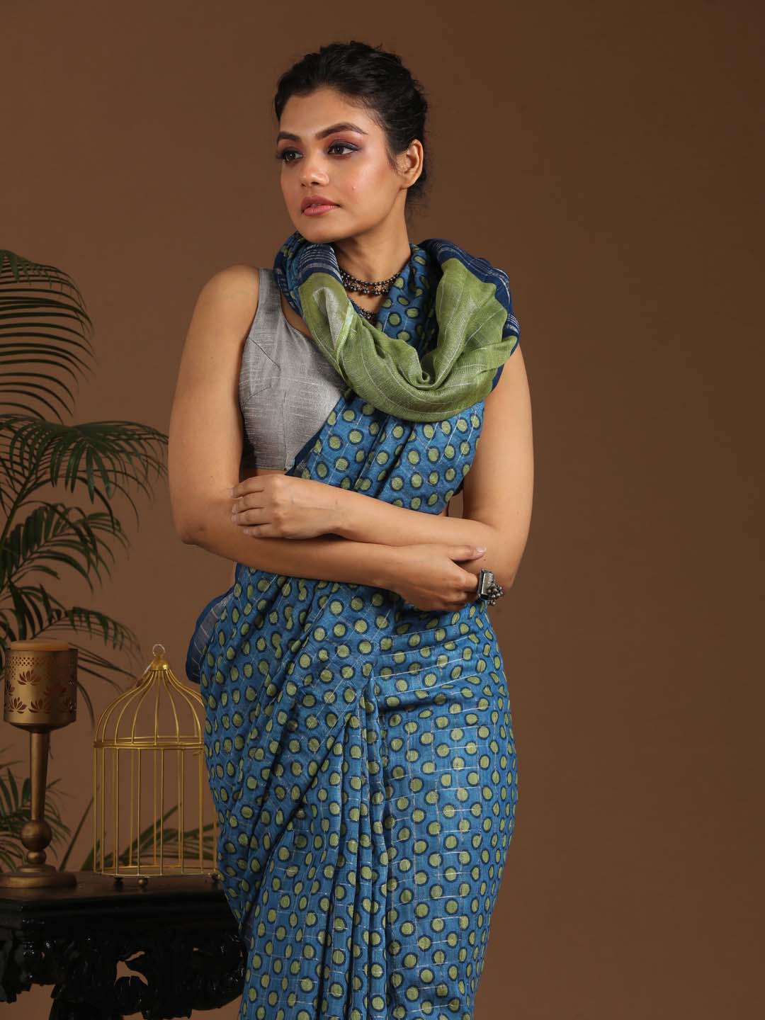 Indethnic Blue Liva Printed Saree - View 1