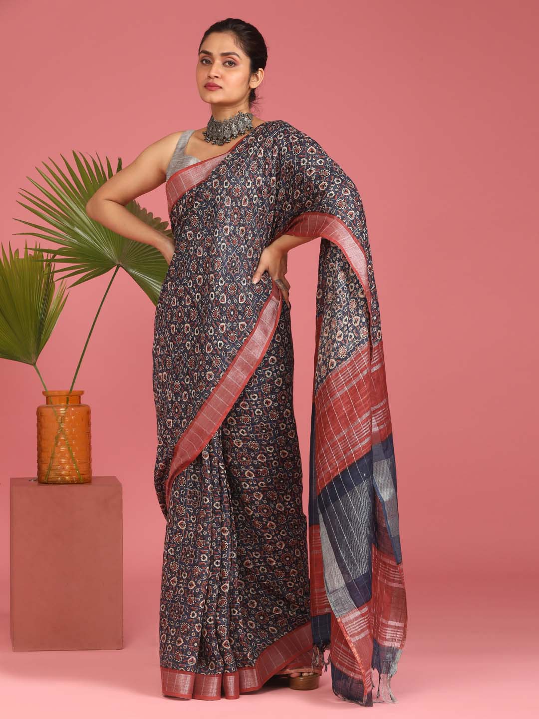 Indethnic Blue Liva Printed Saree - View 2