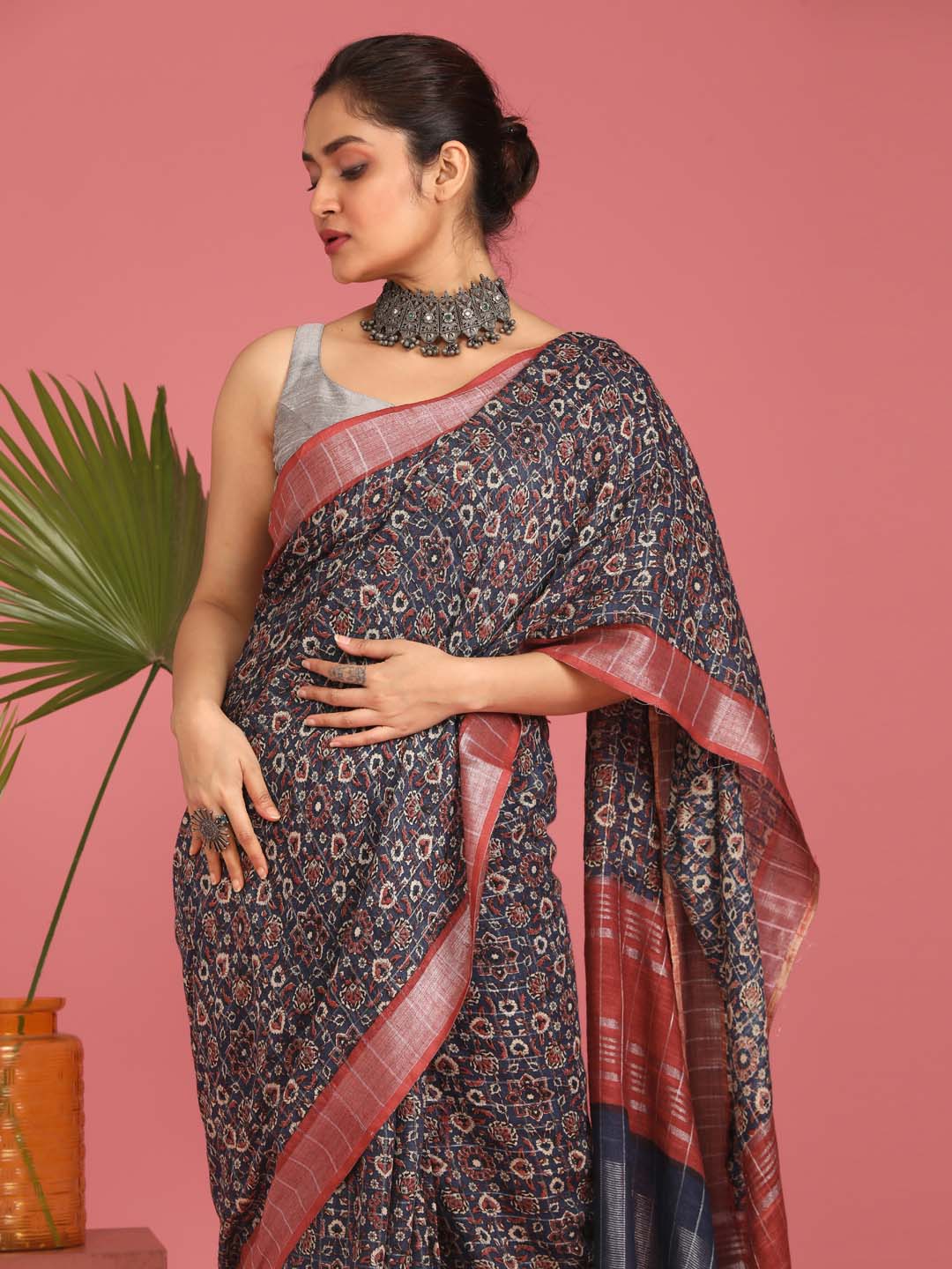 Indethnic Blue Liva Printed Saree - View 1