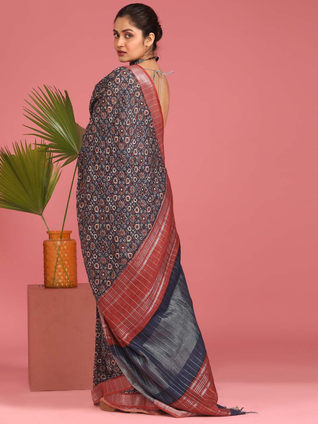 Indethnic Blue Liva Printed Saree - View 3